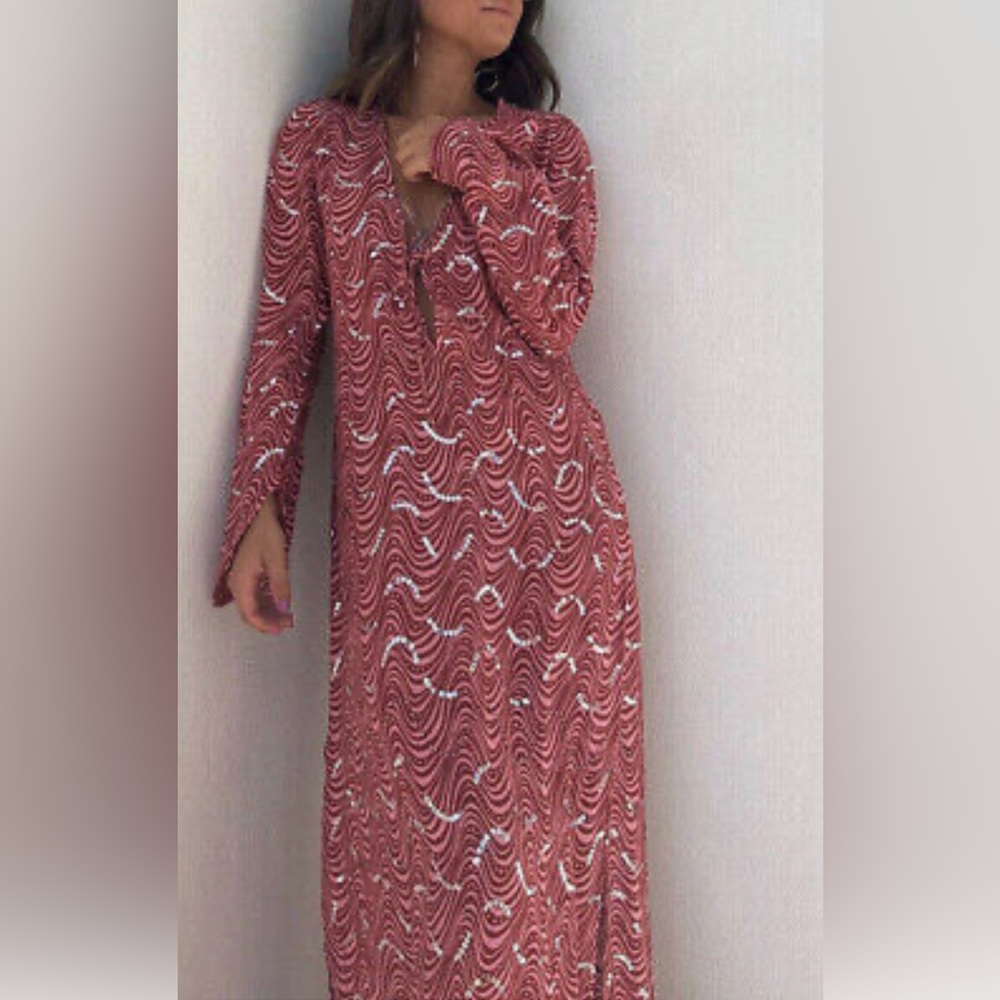 Zara Long Printed Sequin Embroided Kaftan Tunic Dress Pink